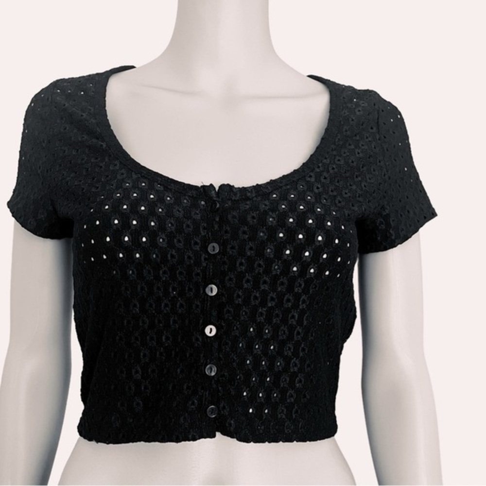 H & M black eye let patterned boho coquette twee fitted crop top Women Medium